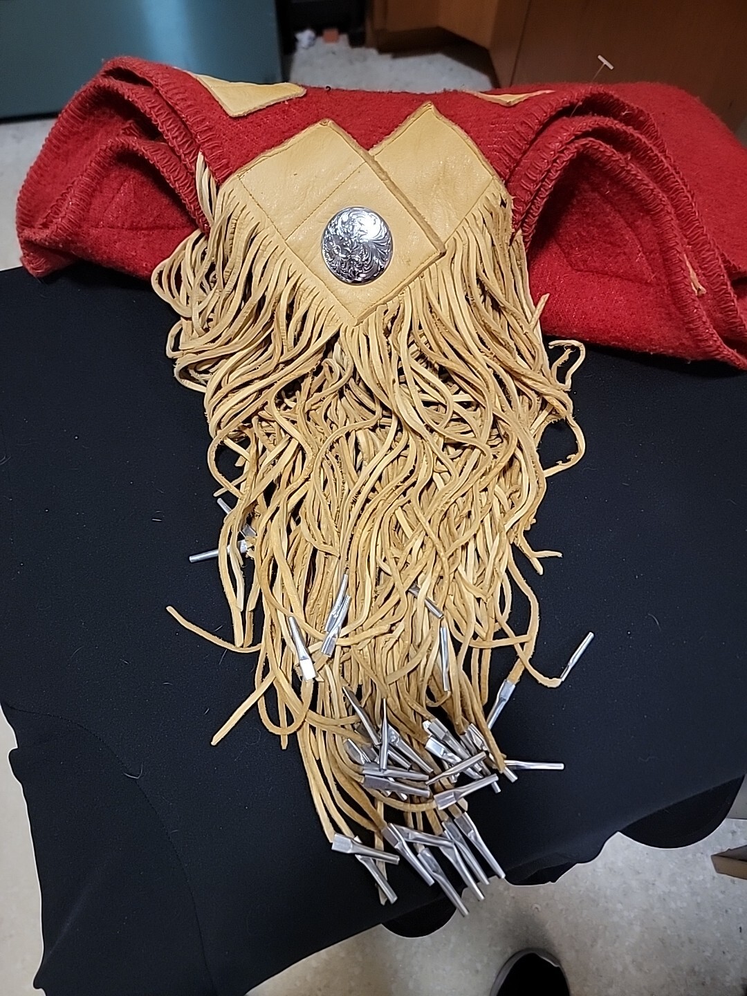 100% Red Wool Blanket Robe With Leather Trim & Concho