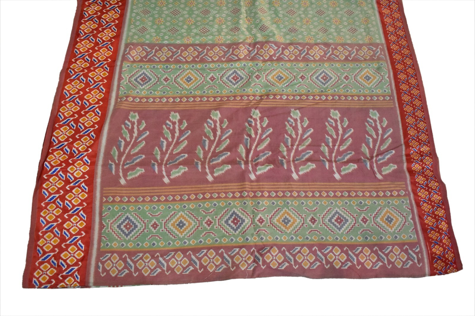 FNC Vintage Green Sambalpuri Ikat Sarees Handwoven Art Silk Sari Fabric Antique