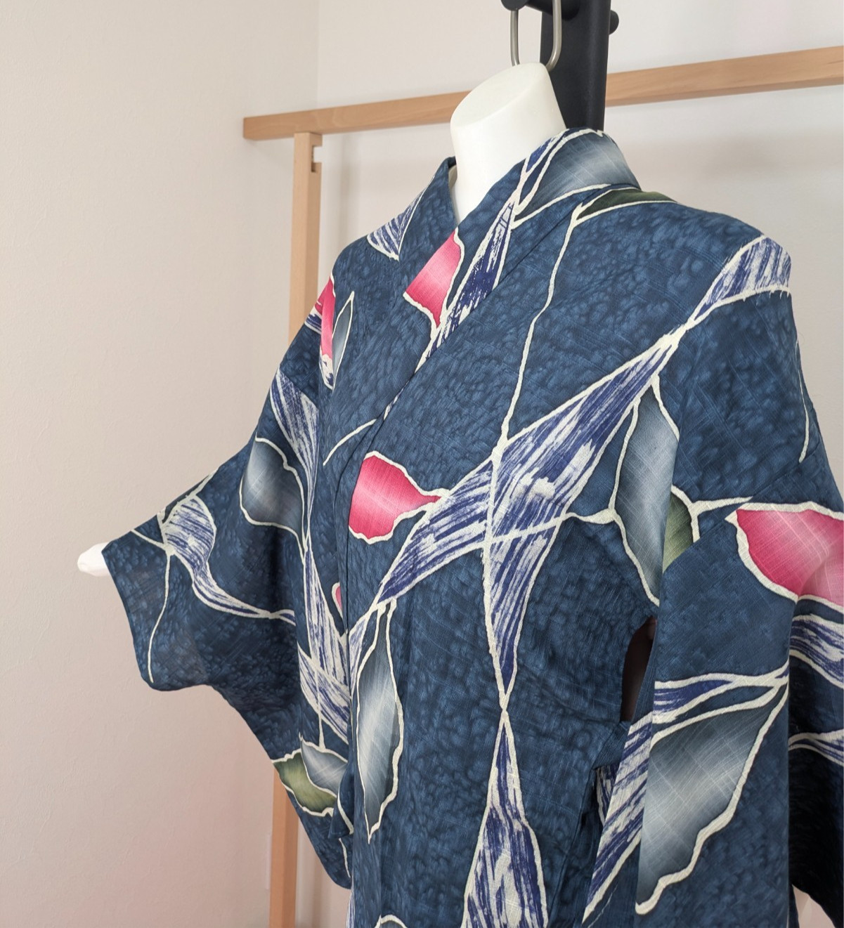 Japanese Kimono Cotton Yukata Navy Blue Colored Leaves Junko Koshino Summer Wear