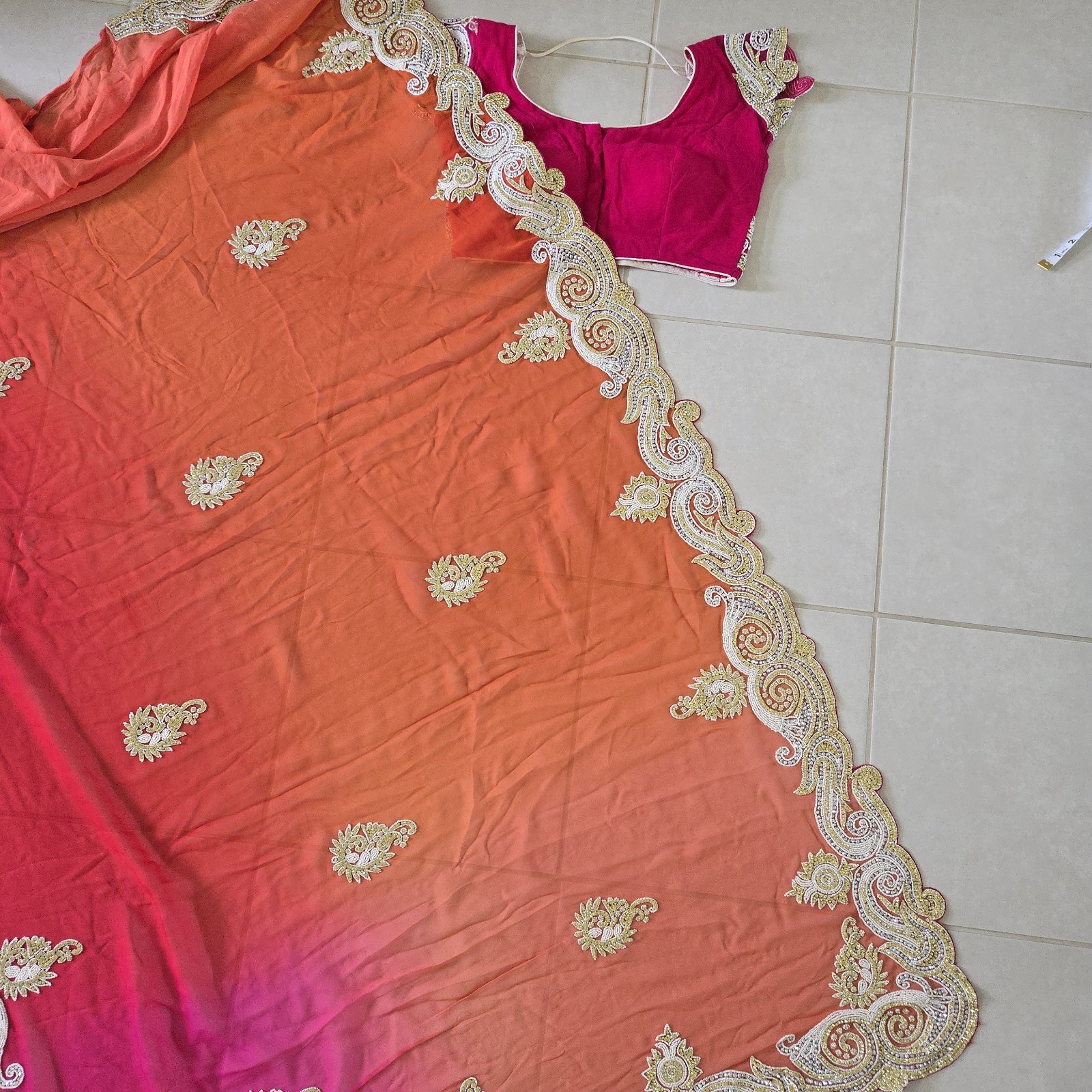 Modern Multi-color heavy Rhinestone saree Red Pink Orange Ombre M Party Wear
