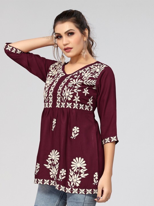 Women’s Floral Embroidered Cotton Empire Top S-2XL – Round Neck Casual Wear