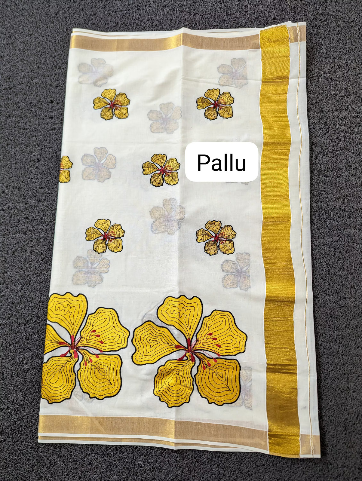Kerala Big Flower Embroidered Cotton Saree 6.25KeralaSaree,Vishu Saree,Onam Sari