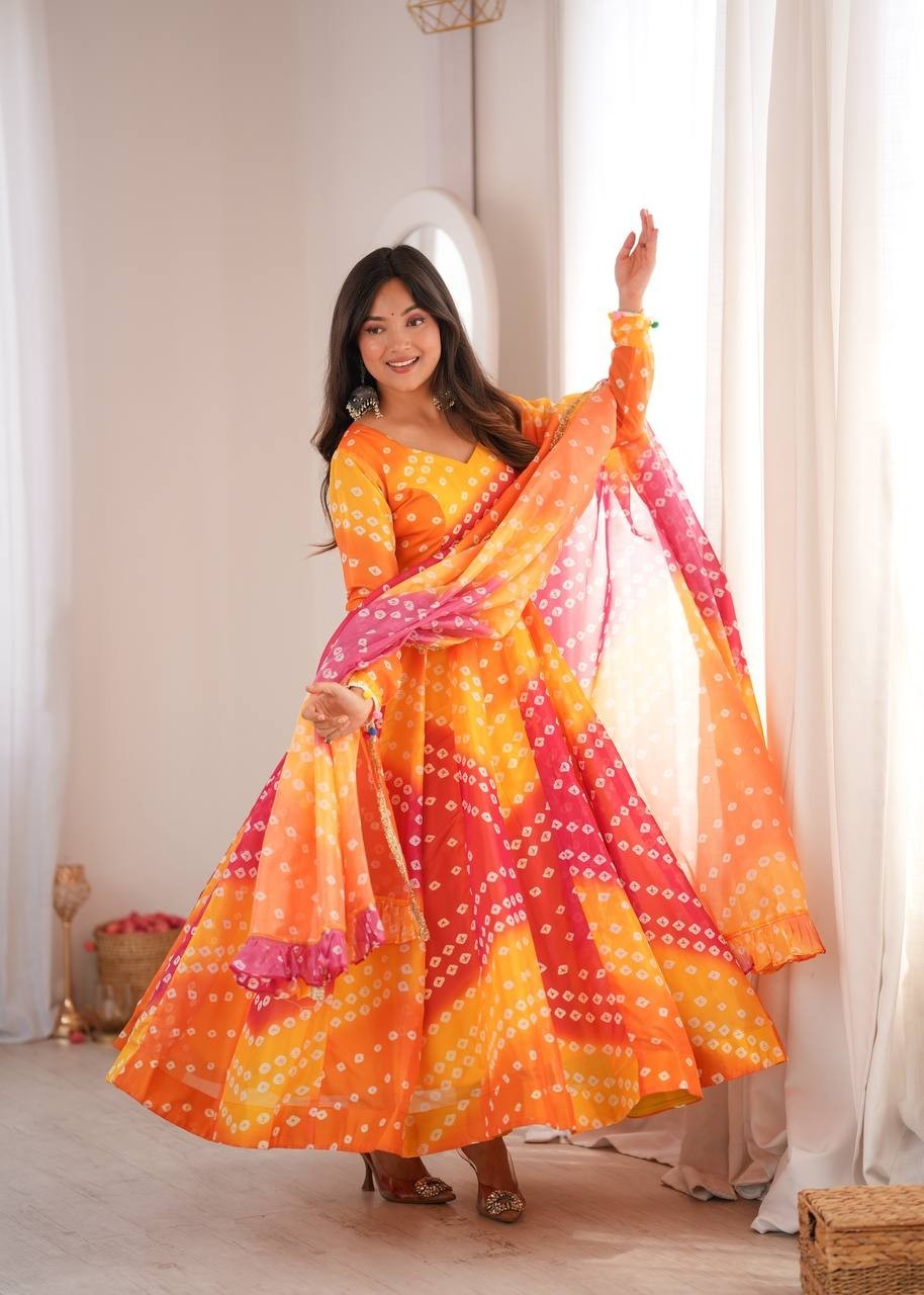 Printed Tabby Organza Gown Pant Dupatta Set Bandhani Flared Anarkali Suit Pack