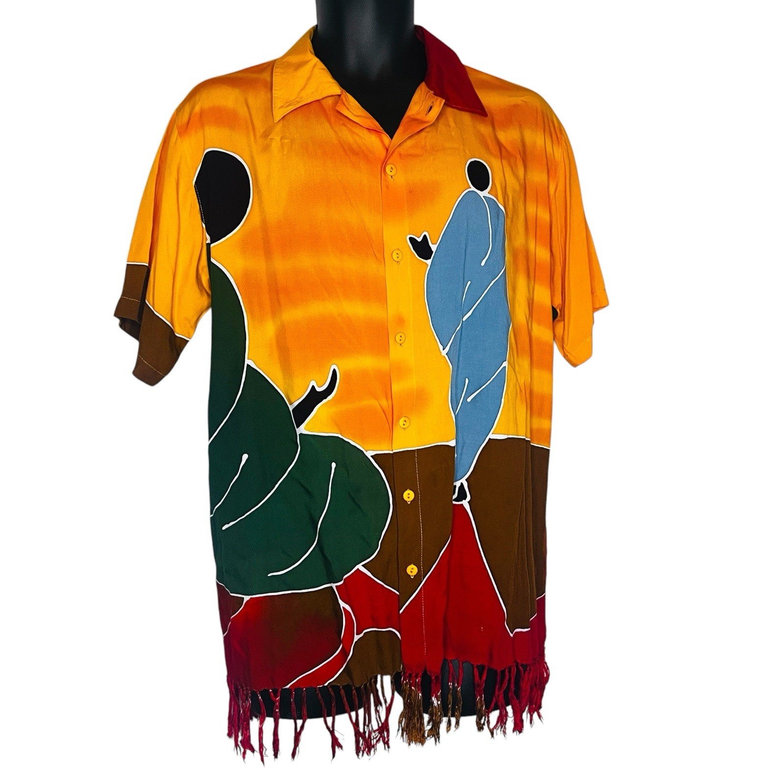 Men Colorful Collar Shirt w/Traditinal People & Fringes Ends