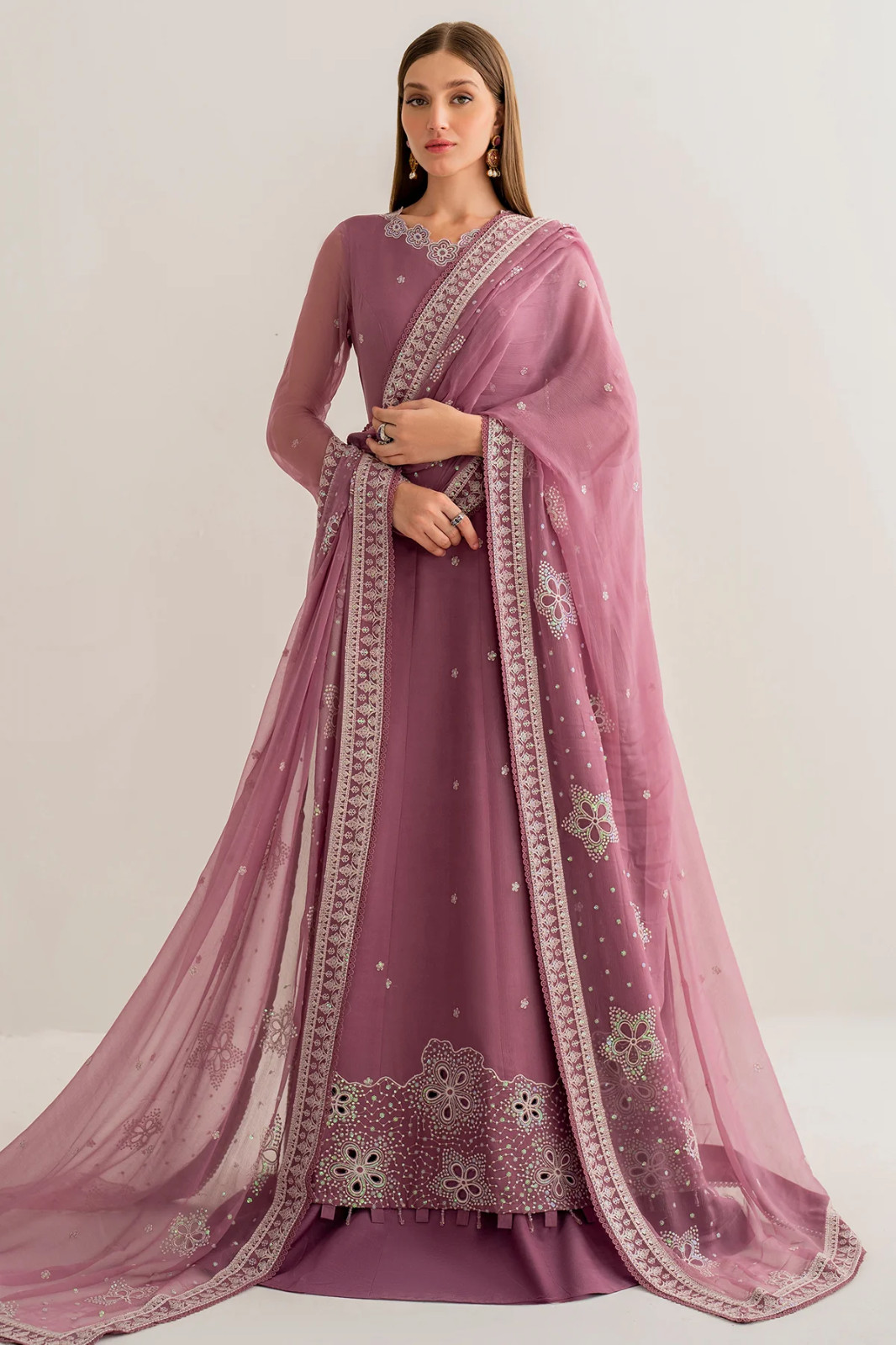 Pakistani Tea Pink Fancy Chiffon gown Dress with embroidery, Squins work,XL