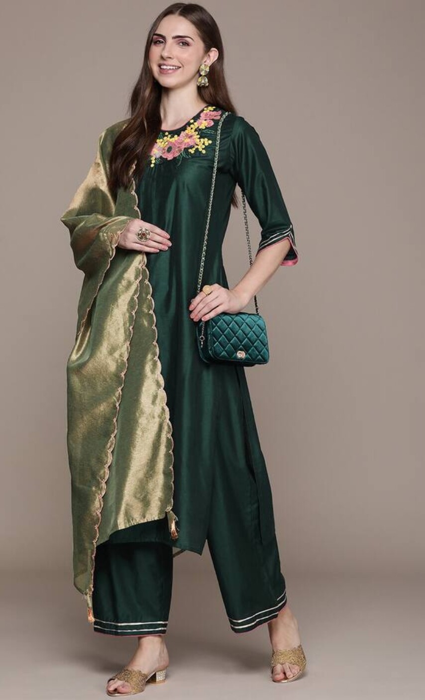 Women Teal Floral Embroidered Thread Work Liva Kurta with Palazzos & Dupatta