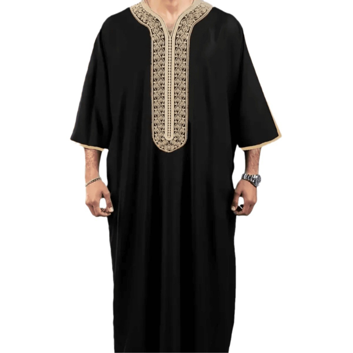 Men Moroccan Mid sleeves Muslim Clothing Embroidery Robe Thobe Arab Long Shirt