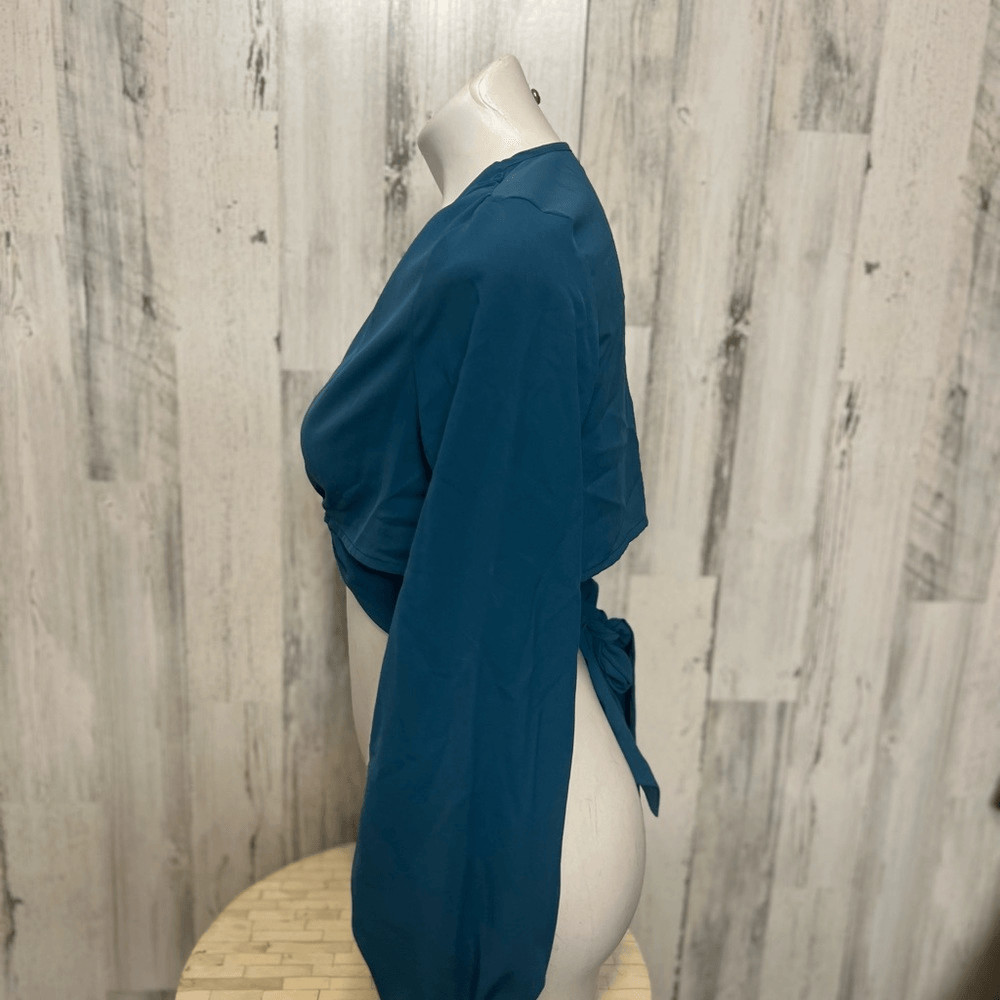 SHEIN Teal Blue O-Ring Long Sleeve Crop Top Womens Size Small S Wrap Tie Back Bl