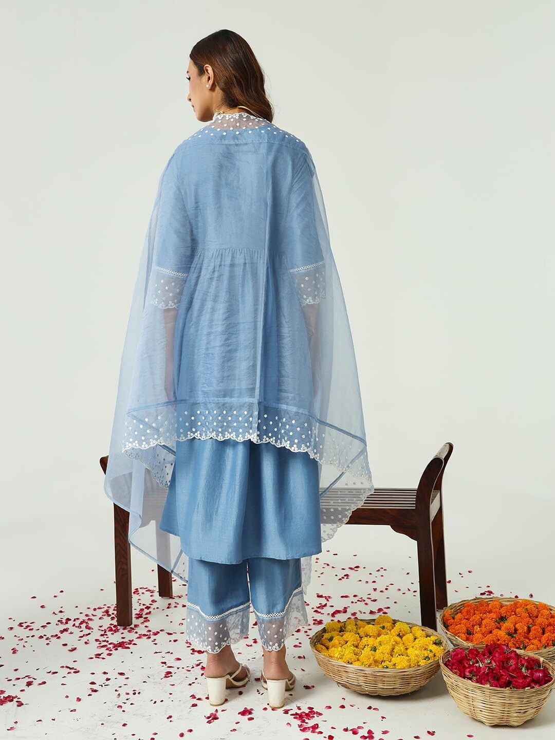 Women’s Silk Blend Embroidered Nayra Cut Kurta Palazzo With Dupatta Set