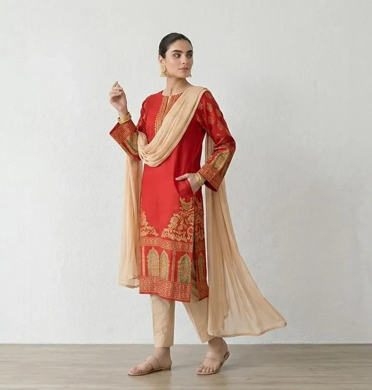 Red Arabic Lawn 3Pcs Block Printed Stitched Suit with Chiffon Dupatta For Ladies