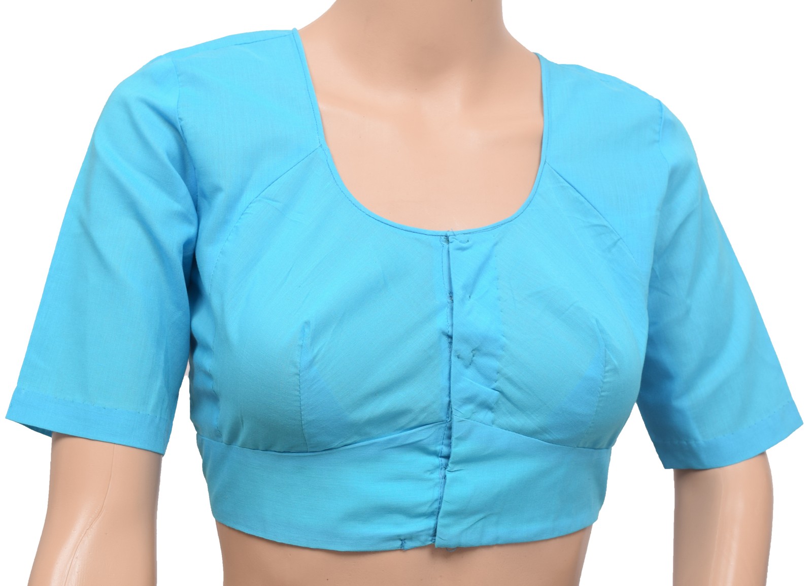 Sushila Vintage Readymade Stitched Aqua Blue Plain Cotton Sari Blouse Choli Top