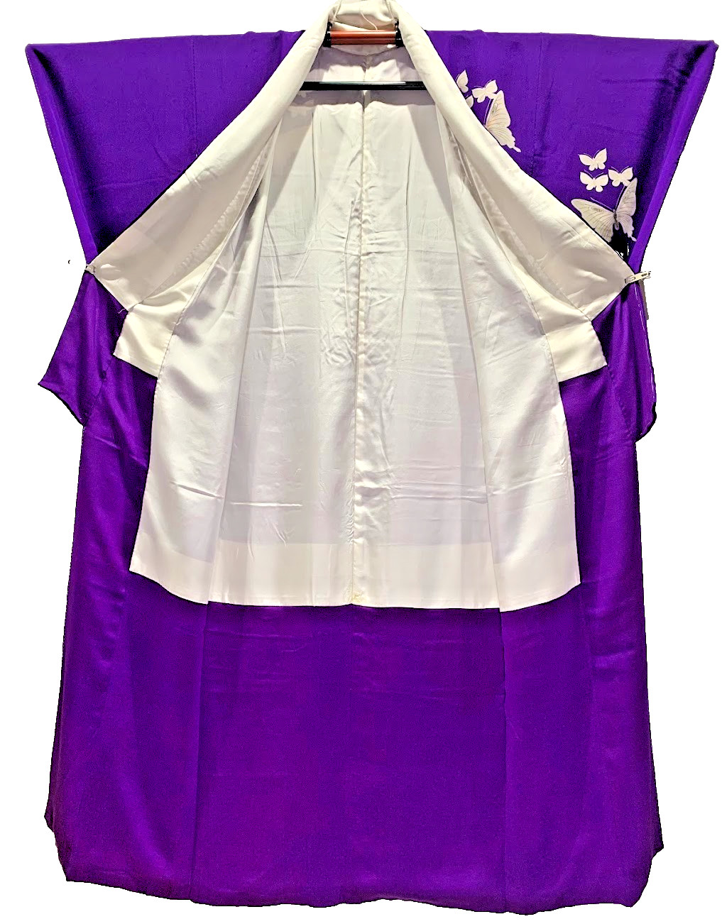 VINTAGE Silk Houmongi Kimono Kinsha Chirimen Butterfly Purple M Traditional Art