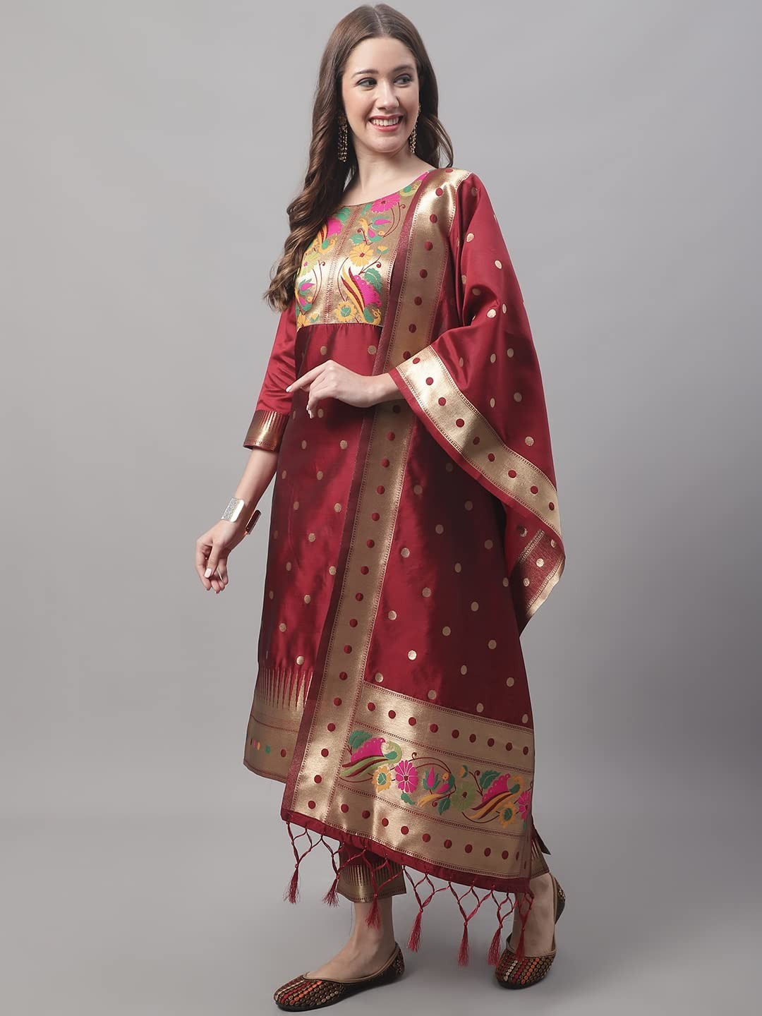 Women’s Cotton Silk Jacquard Straight Kurta with Pant & Banarasi Silk Dupatta