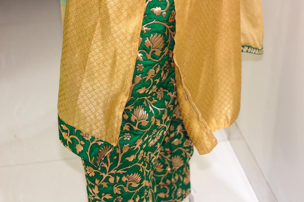 Indian Pakistani Gold Suit with Silk Jamawar Green Pants – Size 46/2XL