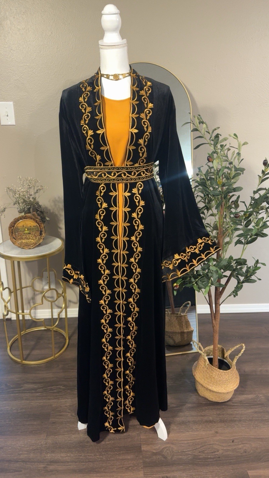 3 Piece Black Abaya with Gold Embroidery Size 4