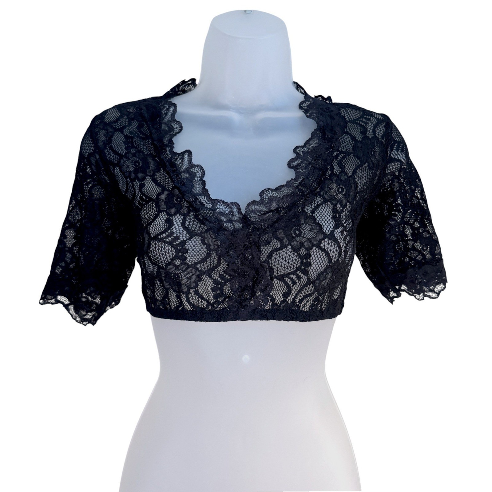 New Small Black Lace Dirndl Blouse Undershirt Top V Neck Crop Oktoberfest