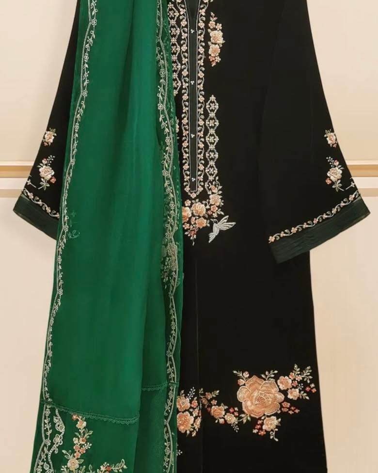 Black Green Chiffon Floral Embroidered Salwar Kameez Unstitched