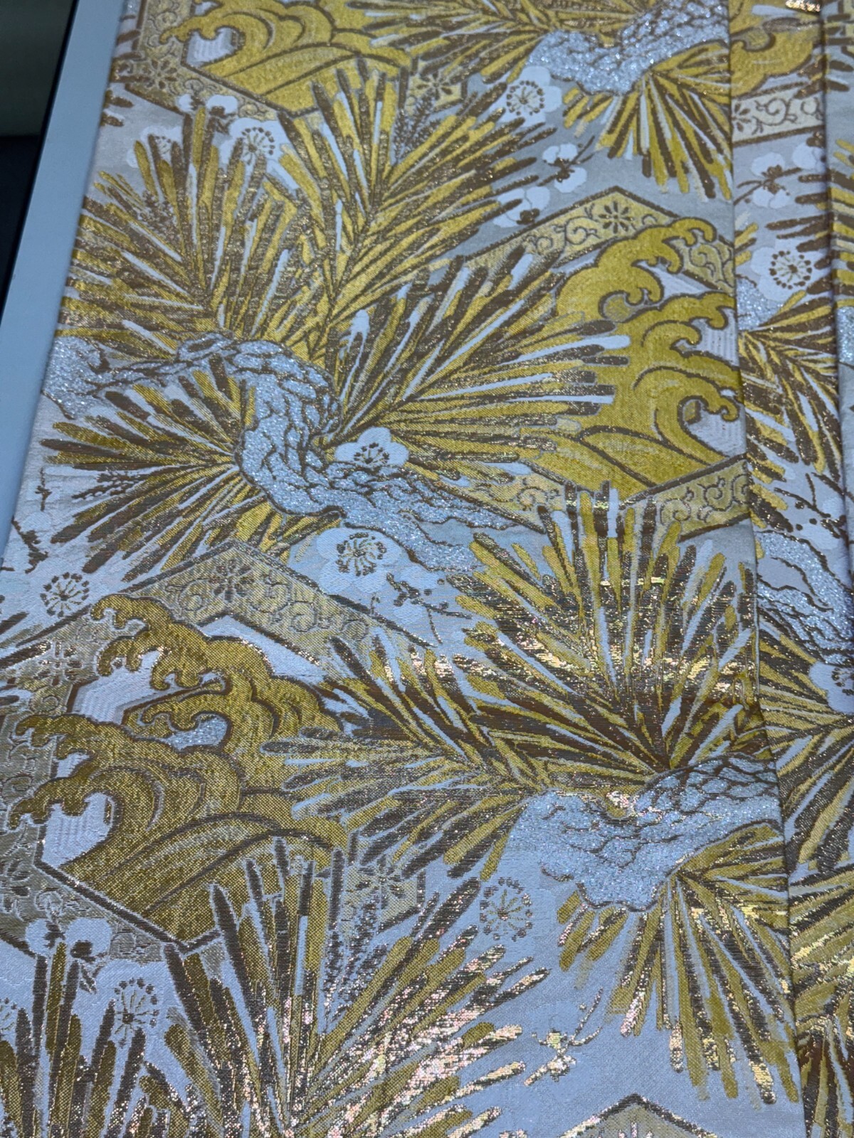 Japanese Vintage Kimono Maru Obi silk Gold Embroidery Reversible 153.5×11.8in