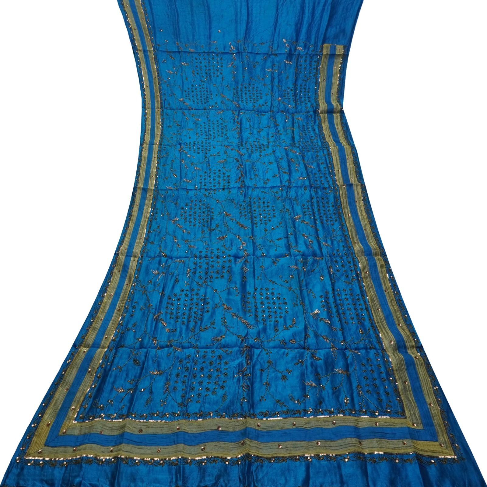 Vintage Blue Saree 100% Pure Silk Hand Embroidered Sequins Sari 5YD Craft Fabric