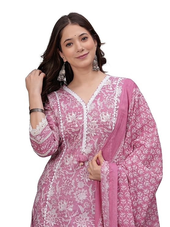 Women’s Pure Cotton Printed Straight Kurta Set with Palazzo Pants & Dupatta