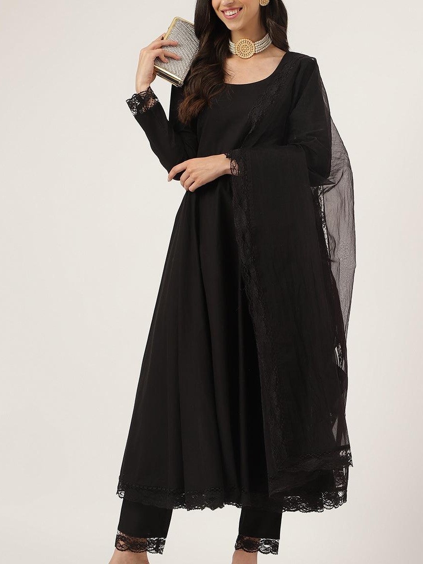 Black Solid Anarkali Kurta Pant Set with Dupatta for Women XS-7XL