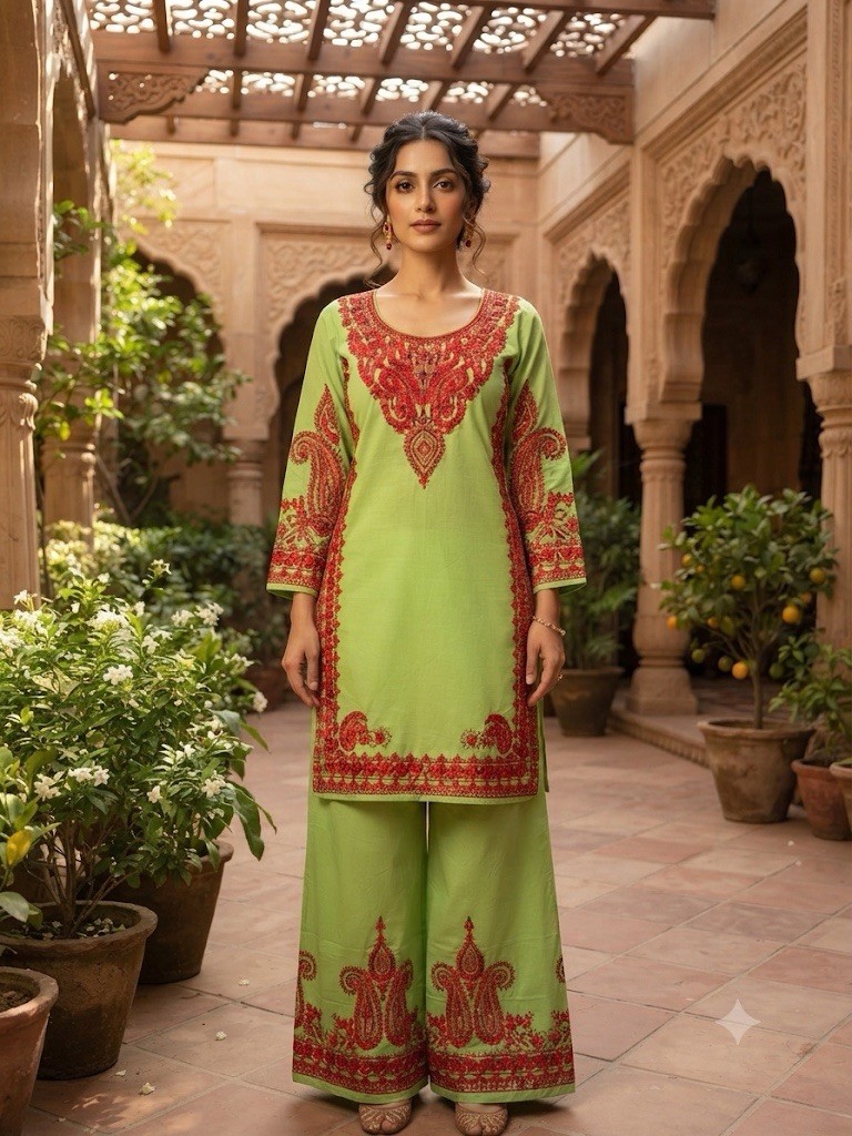 Women’s 2-Piece Embroidered Kurta Set | Lime Green & Red Ethnic Outfit (Size 38,