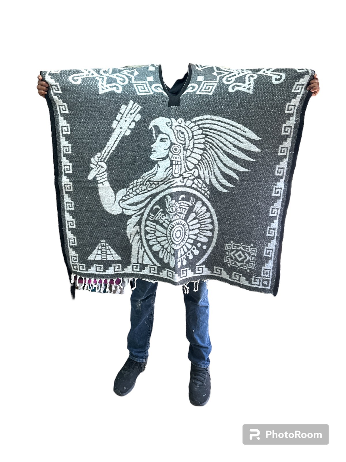 MEXICAN PONCHO , CALENDARIO AZTECA , MEXICO , AZTEC ,WARRIOR , LIGHT GRAY