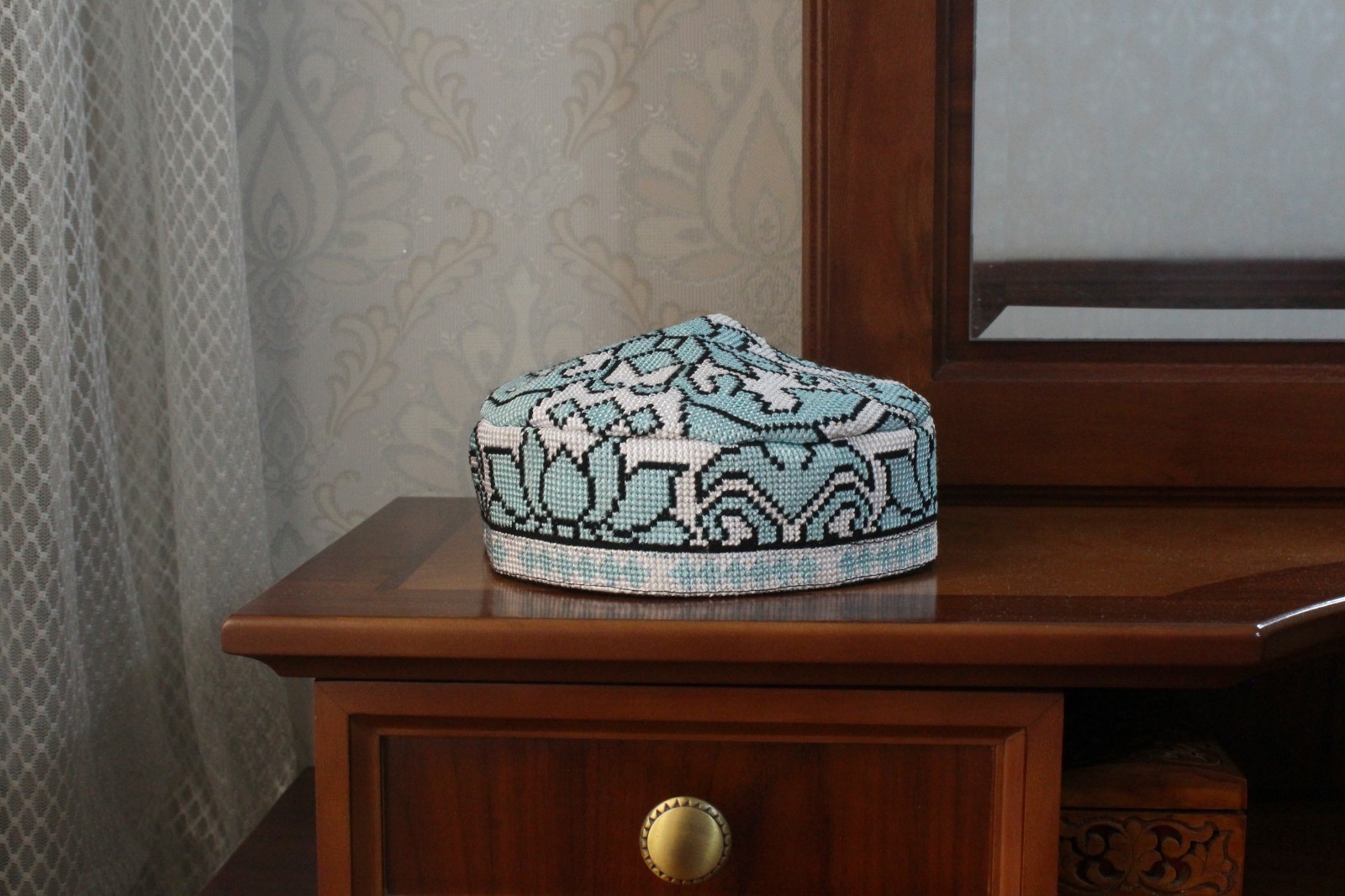Uzbek Embroidered Skull-cap 23.2″/59cm Traditional Kufi Hat Ethnic Doppa Unisex