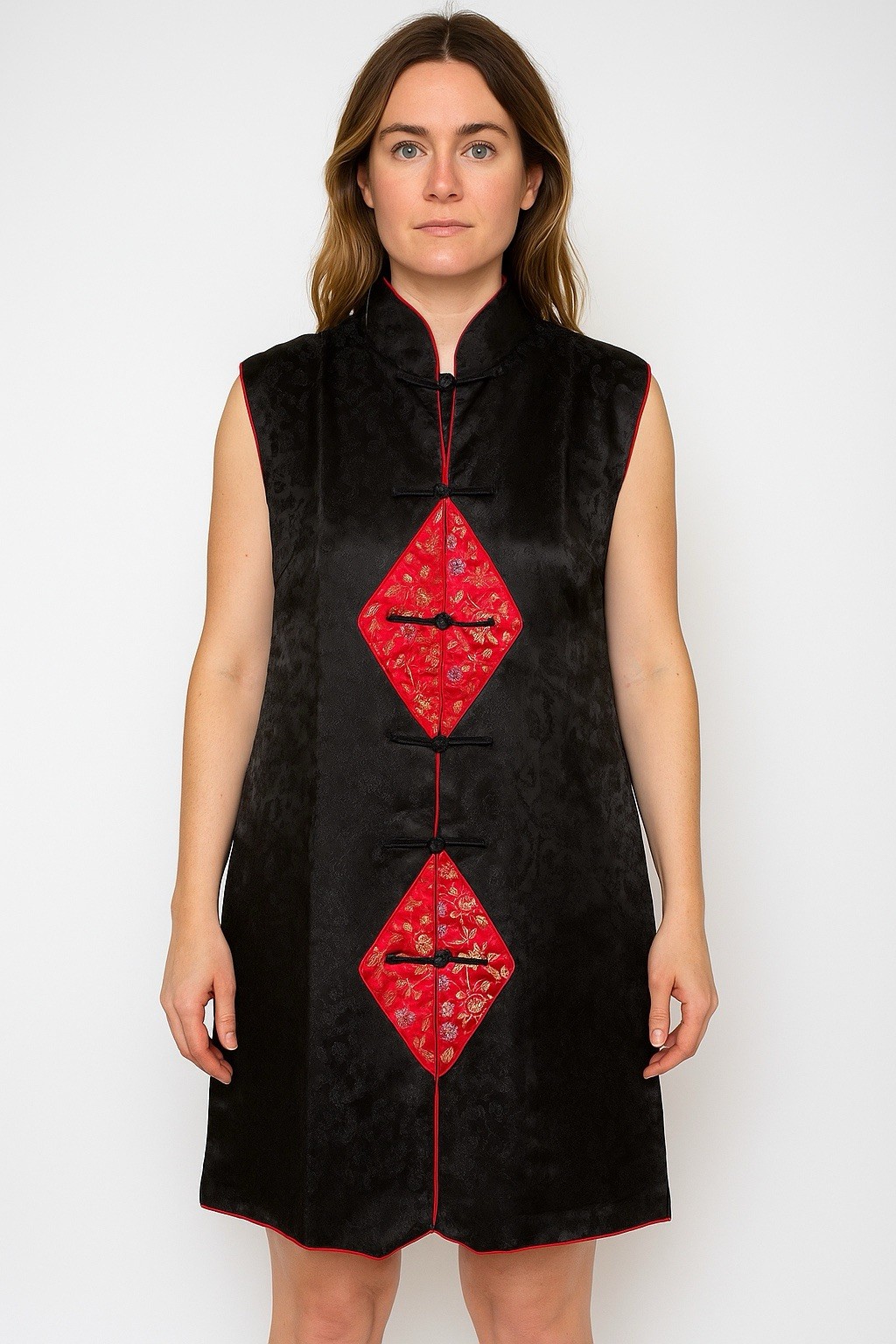 Asian Traditional Sheath Dress 42 10 Black Red Dragon Sleeveless Floral Costume