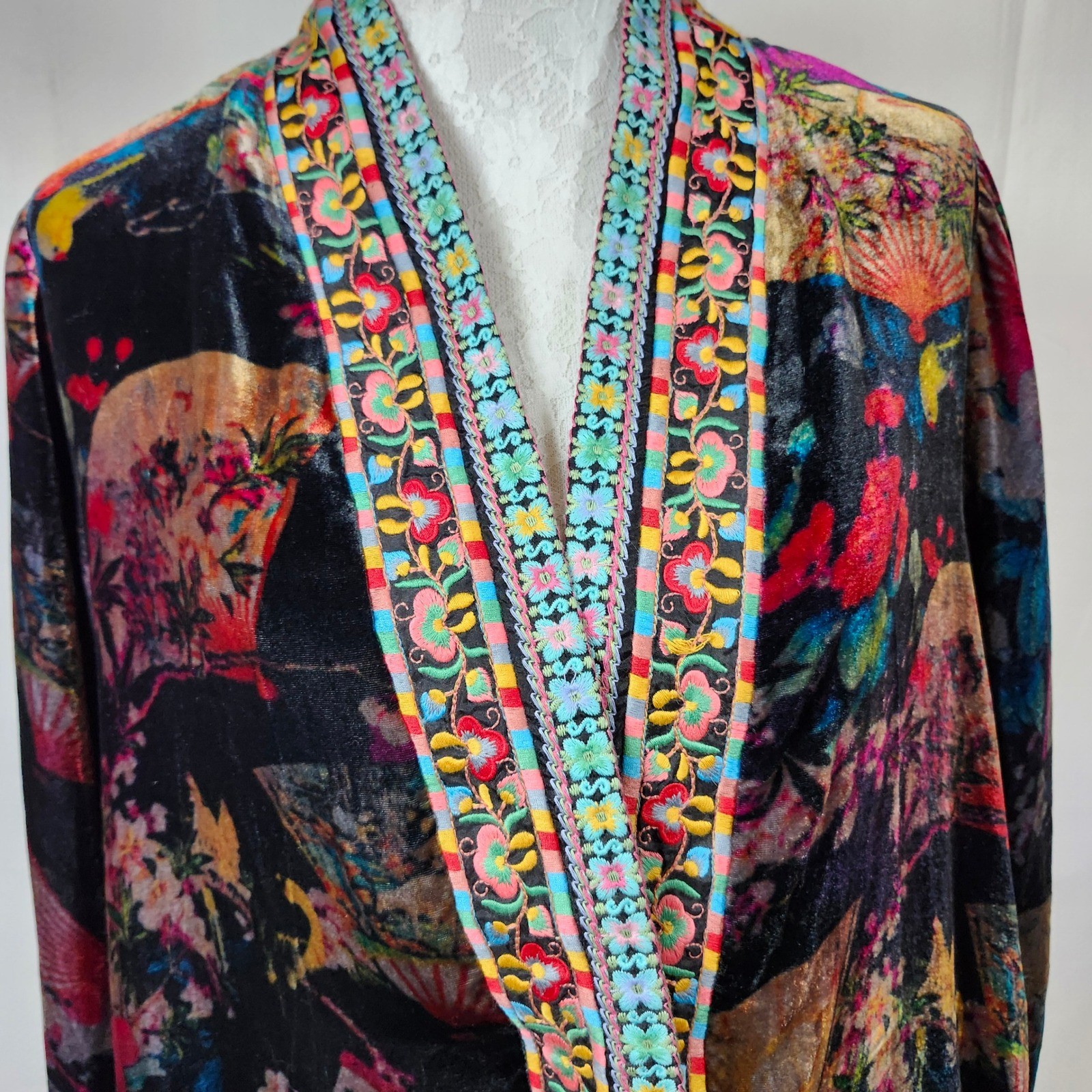 Johnny Was Reversible Silk Blend Kimono Jacket Floral Velvet Trim XS