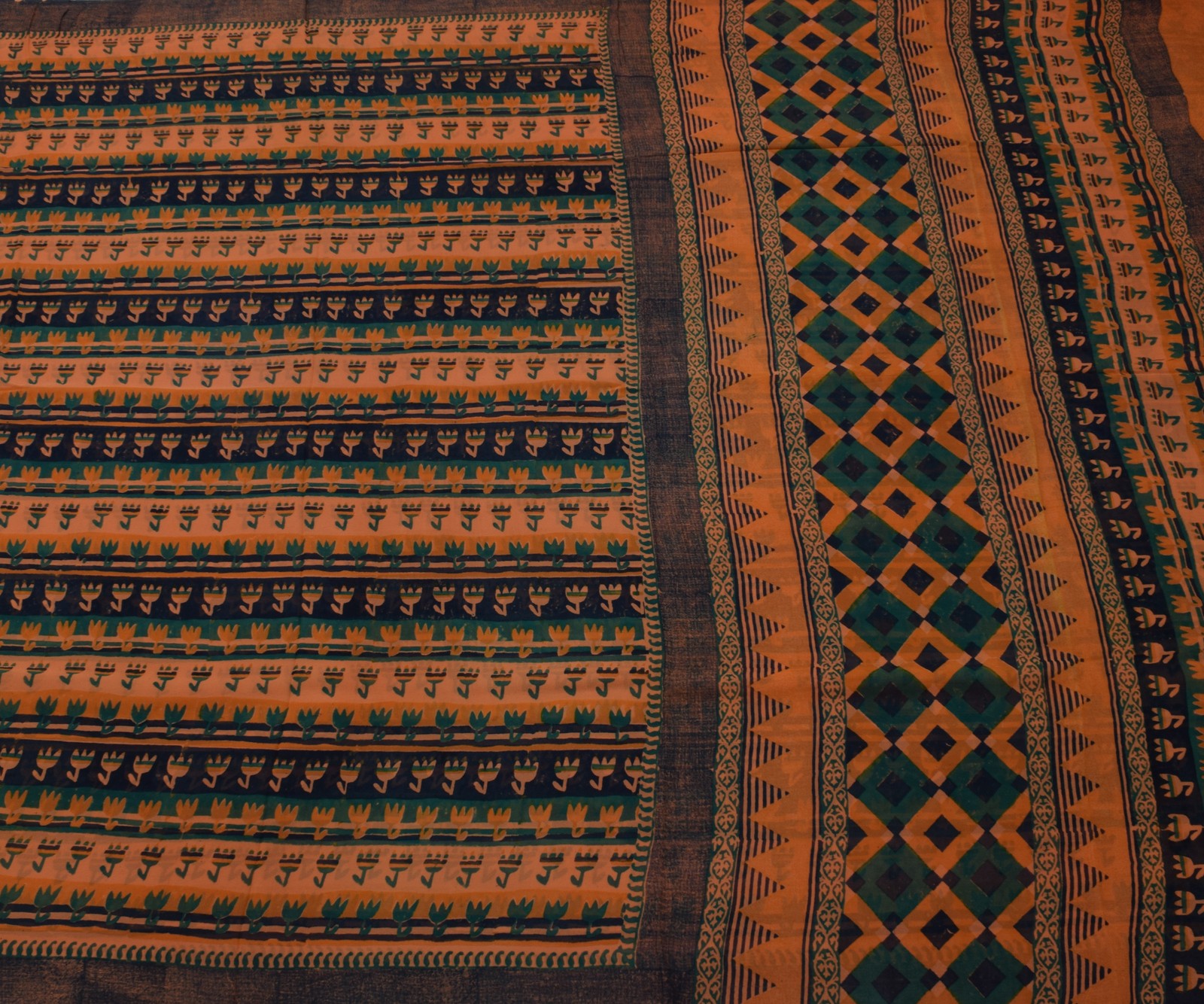 Sushila Vintage Mustard Sari Pure Georgette Silk Hand Block Printed Craft Fabric