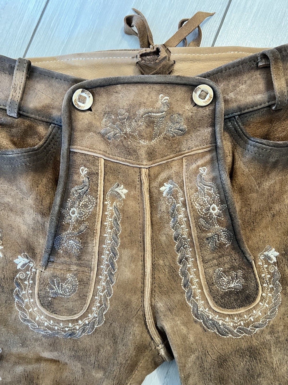 Trachten Rebell Men’s Brown Leather Lederhosen Embroidered Traditional Size 44