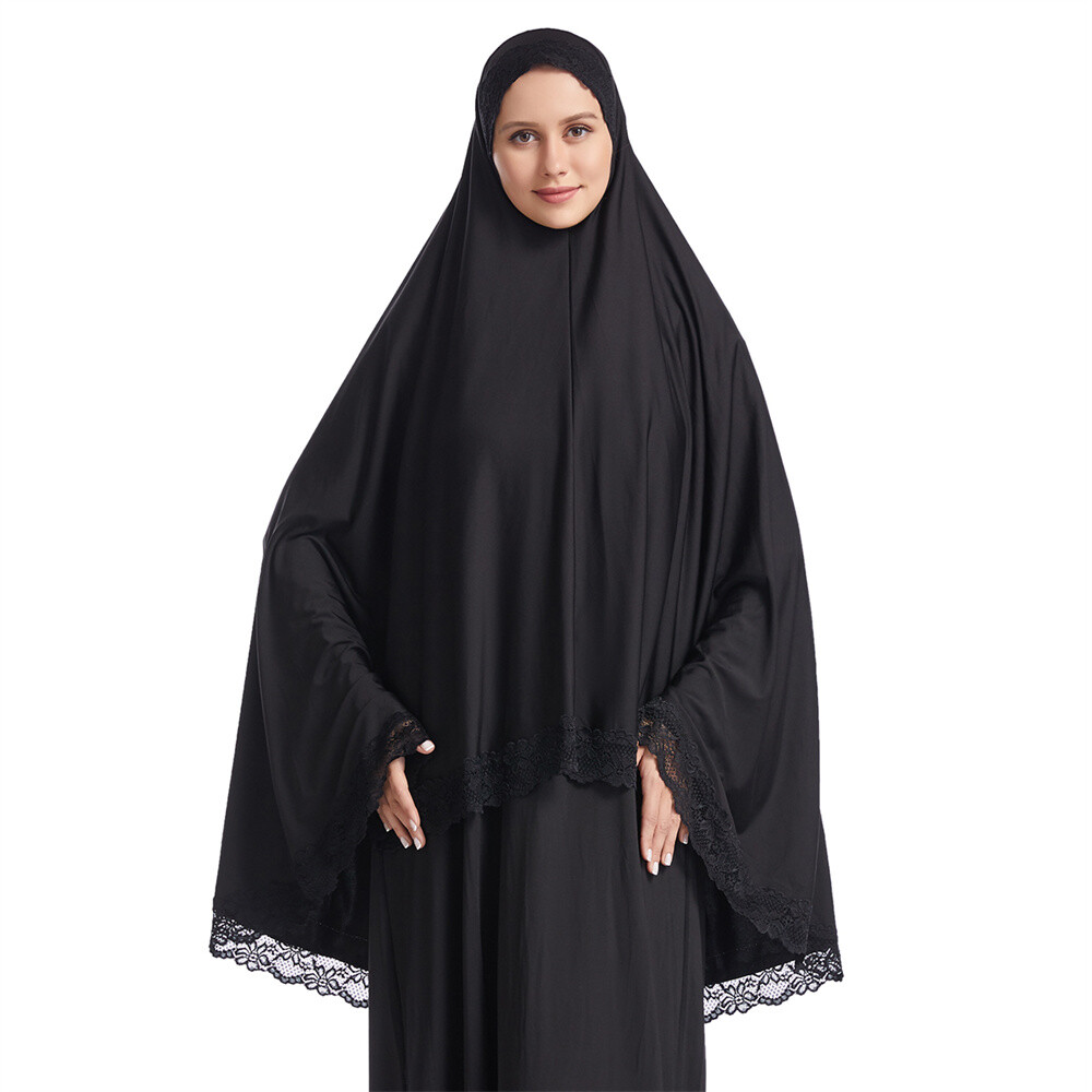 Muslim Women Ramadan Scarf Hijab Islam Prayer Turban Amair Lace Trim Headcover