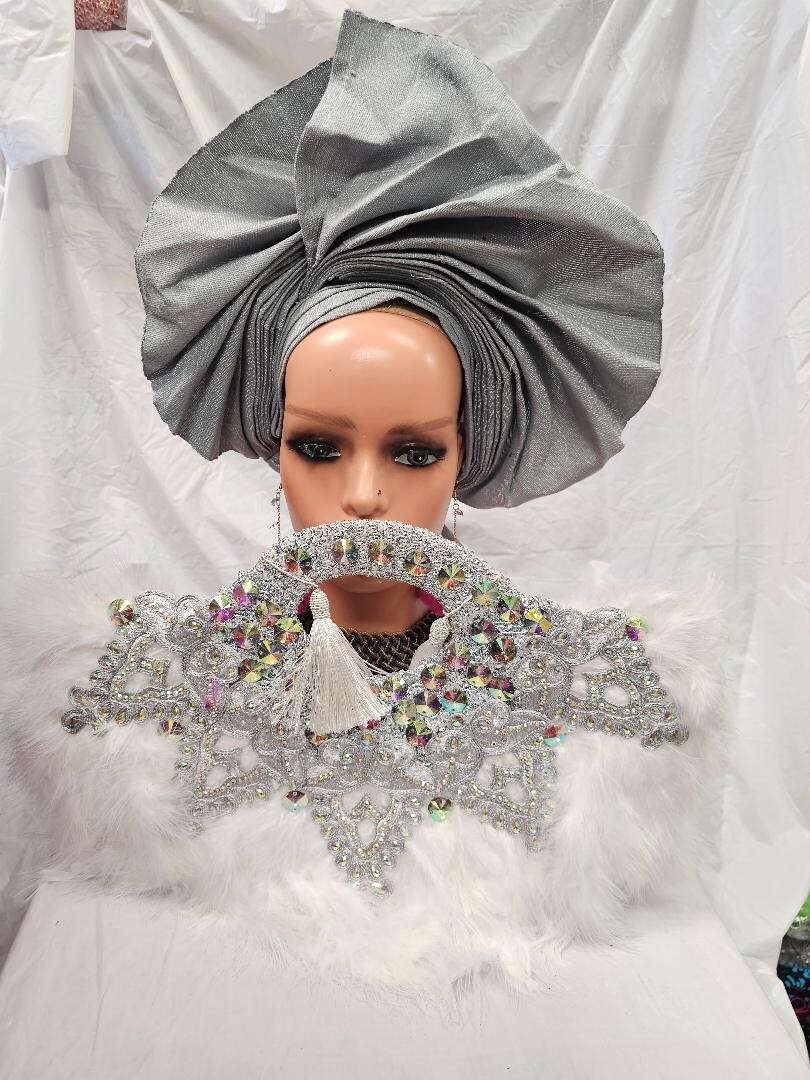 White with silver hand African Bridal Feather Hand Fan