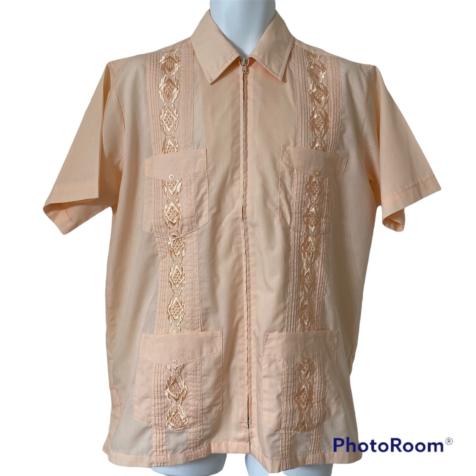 Genuine Haband Guayabera Shirt Men’s Medium Peach 4 Pocket Full Front Zip