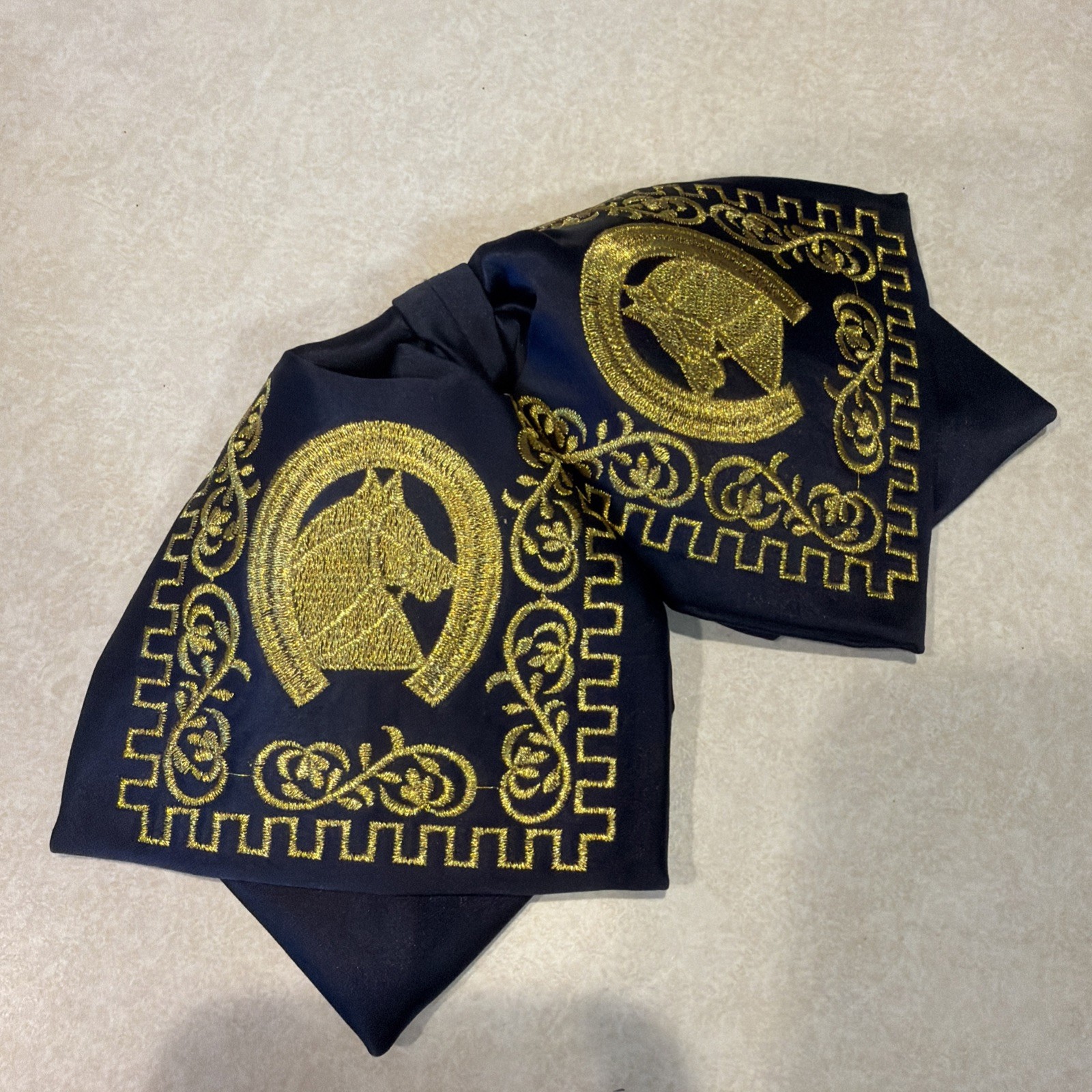 Mariachi Bow Tie, Navy Blue and gold Horseshoe &Horse Embroidered / Moño Charro