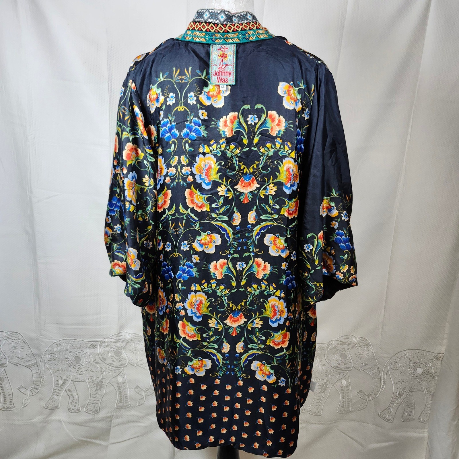 Johnny Was Reversible Silk Blend Kimono Jacket Floral Velvet Trim XS