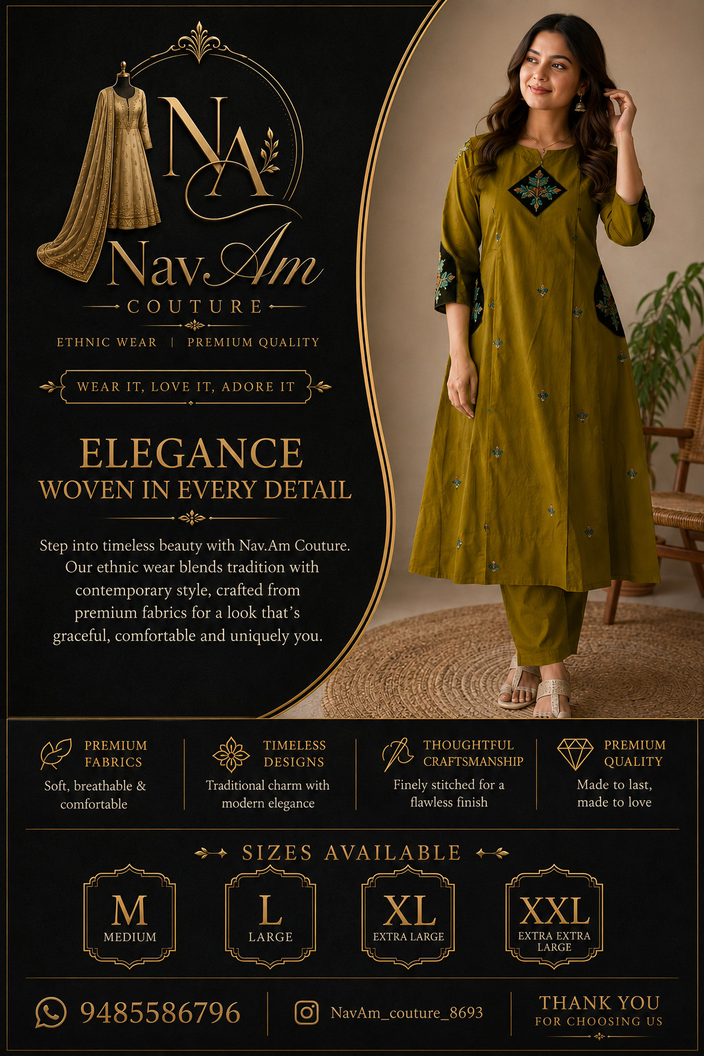 NavAm Couture Premium Olive Green A-Line Cord Set