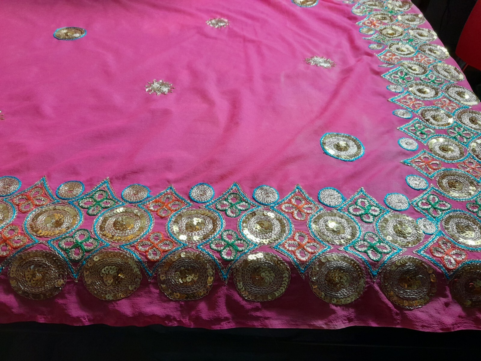 EAST INDIAN VINTAGE CHIFFON SARI HEAVILY EMBELLISHED GOLD SEQUINS 6YDS L X 45″ W