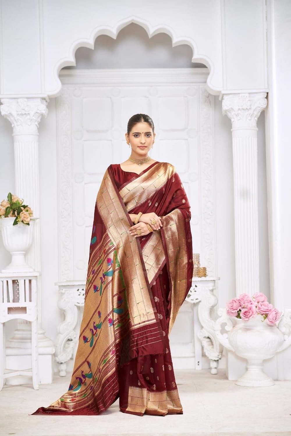 Women’s paithani silk saree with golden zari woven and blouse piece