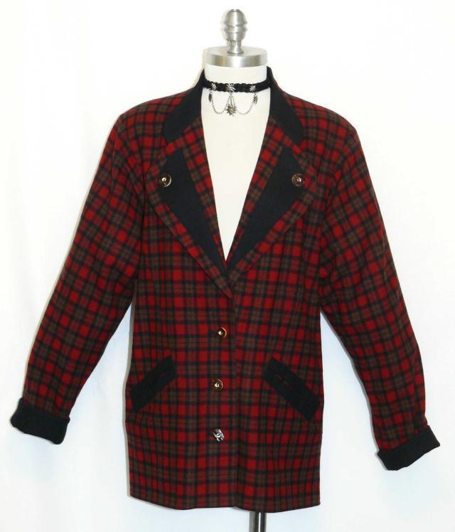 LODENFREY PLAID WOOL JACKET Women AUSTRIA Hunting Winter BLACK RED COAT B44 14 L