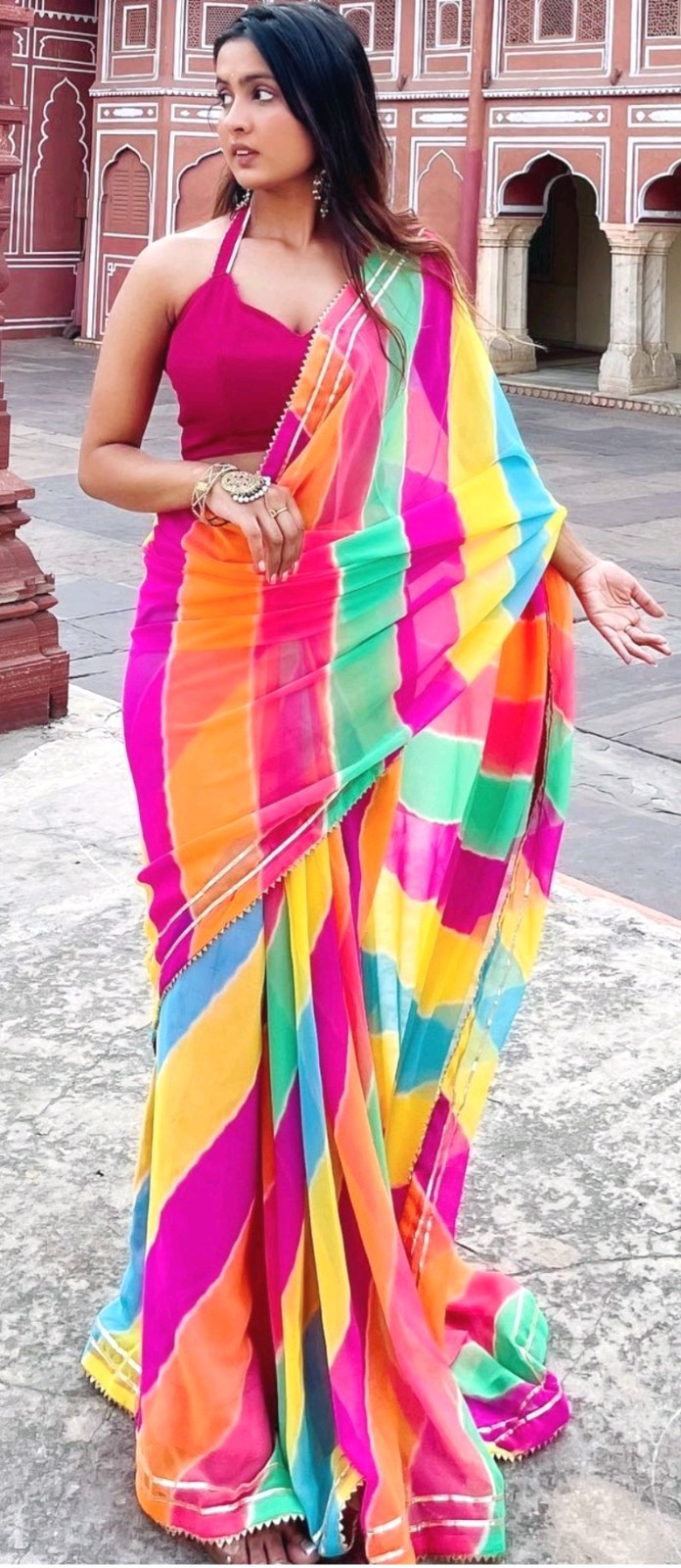 Indian Bollywood Georgette chiffon Bandhej sari Bandhani Leheriya Printed Saree