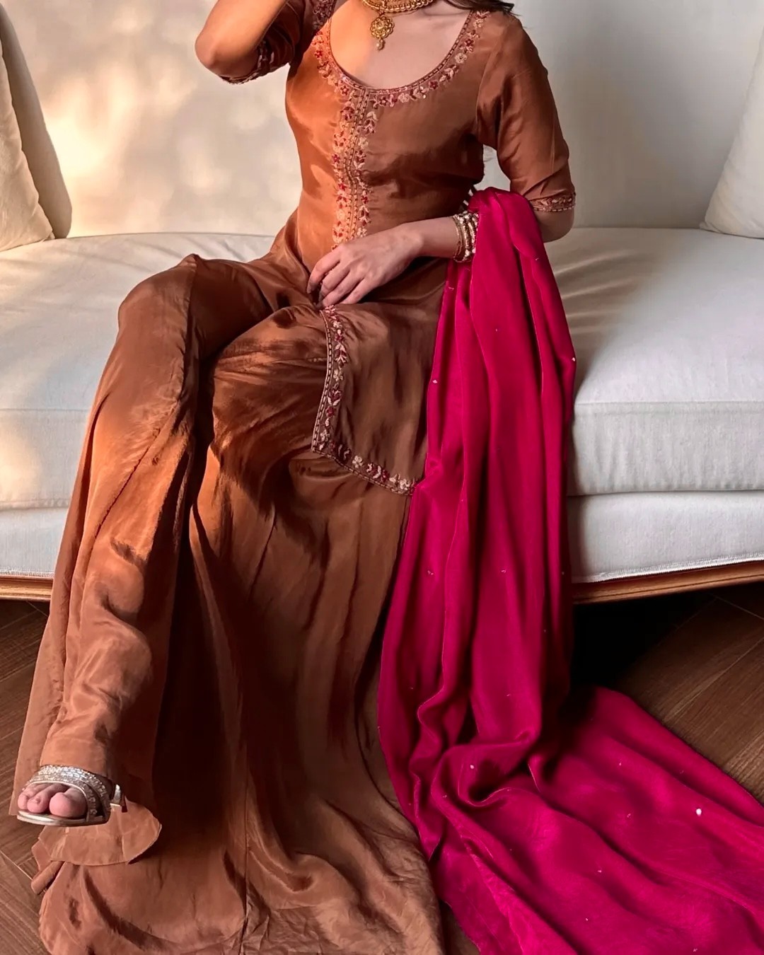 Fancy Designer Heavy Georgette Coffee Palazzo Suit And Dupatta For Function Wear