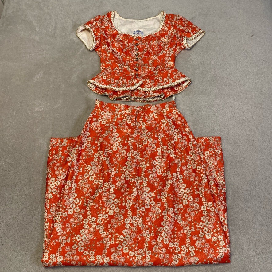 Vintage Dirndl Strasser Trachten Top & Skirt Set Red Bavarian Oktoberfest Rare