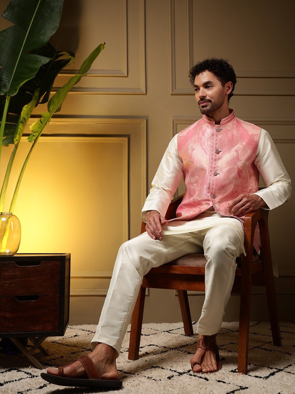 Mens Indian Kurta Pajama Koti Set Silk Embroidered Wedding Party Ethnic Wear