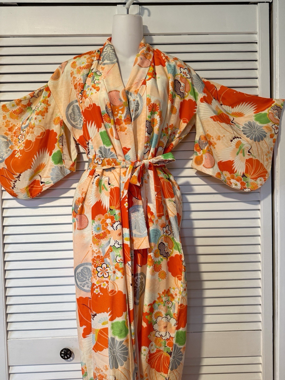 VTG Brightly Colored Japanese Kimono Belted Acetate Sz 48 Floral Cranes