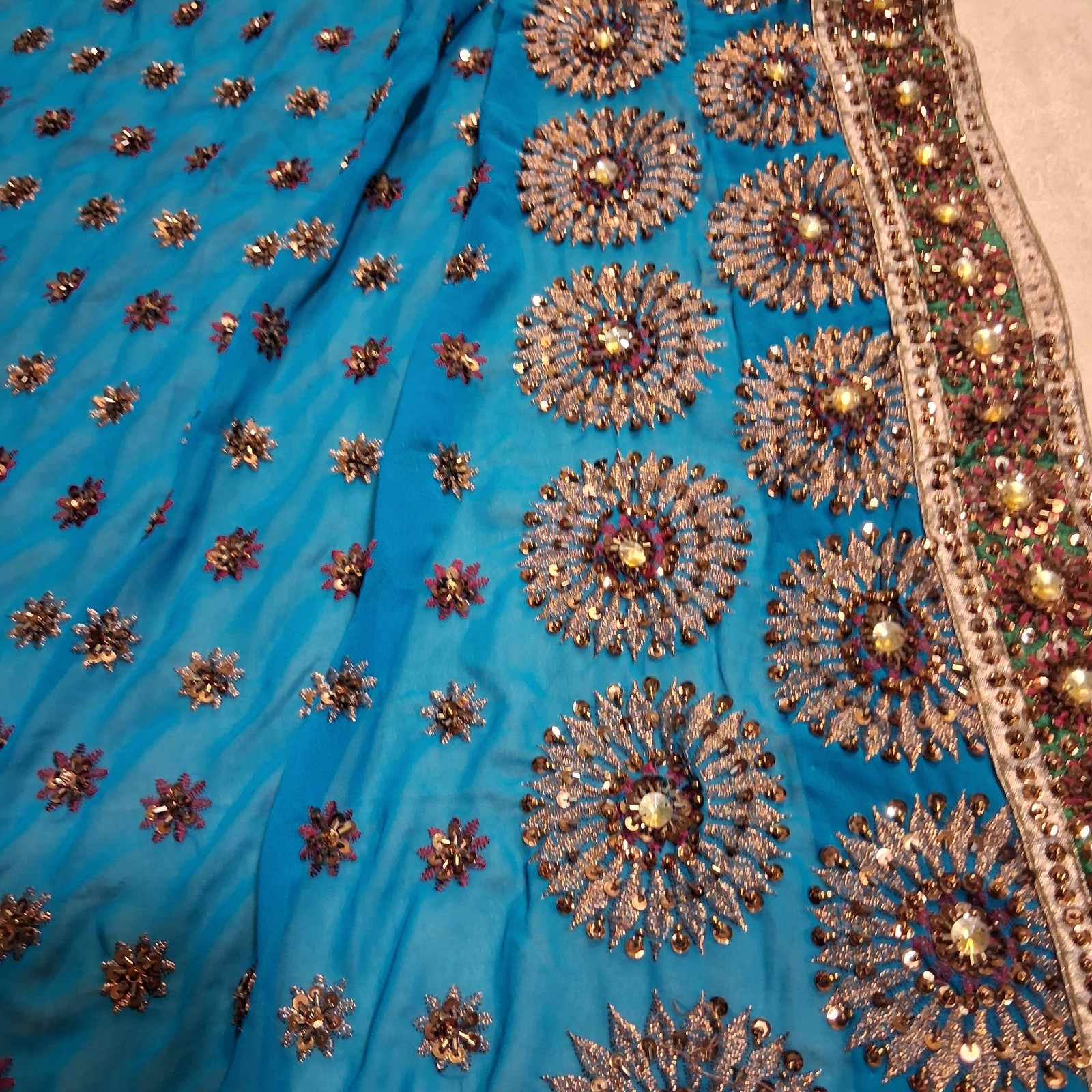 Indian Sari Saree Set Teal Blue Sequin Beaded Wedding Party w/ Blouse dress