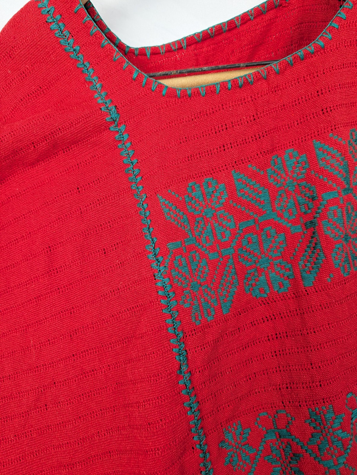Hand Woven Mexican Huipil Top Oaxaca Huipil Boho Floral Red Green Side Sewn