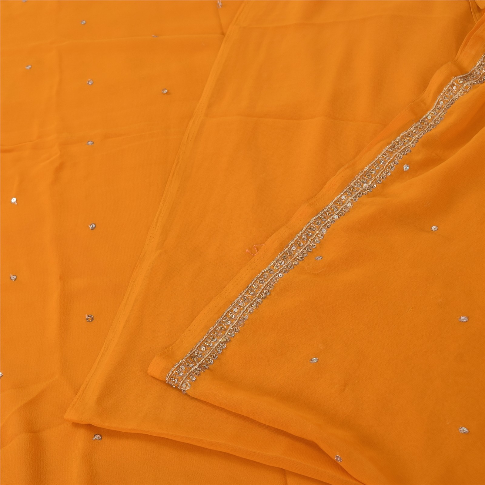 Sanskriti Vintage Sarees Indian Mustard Georgette Hand Beaded Fabric 5+Yd Sari
