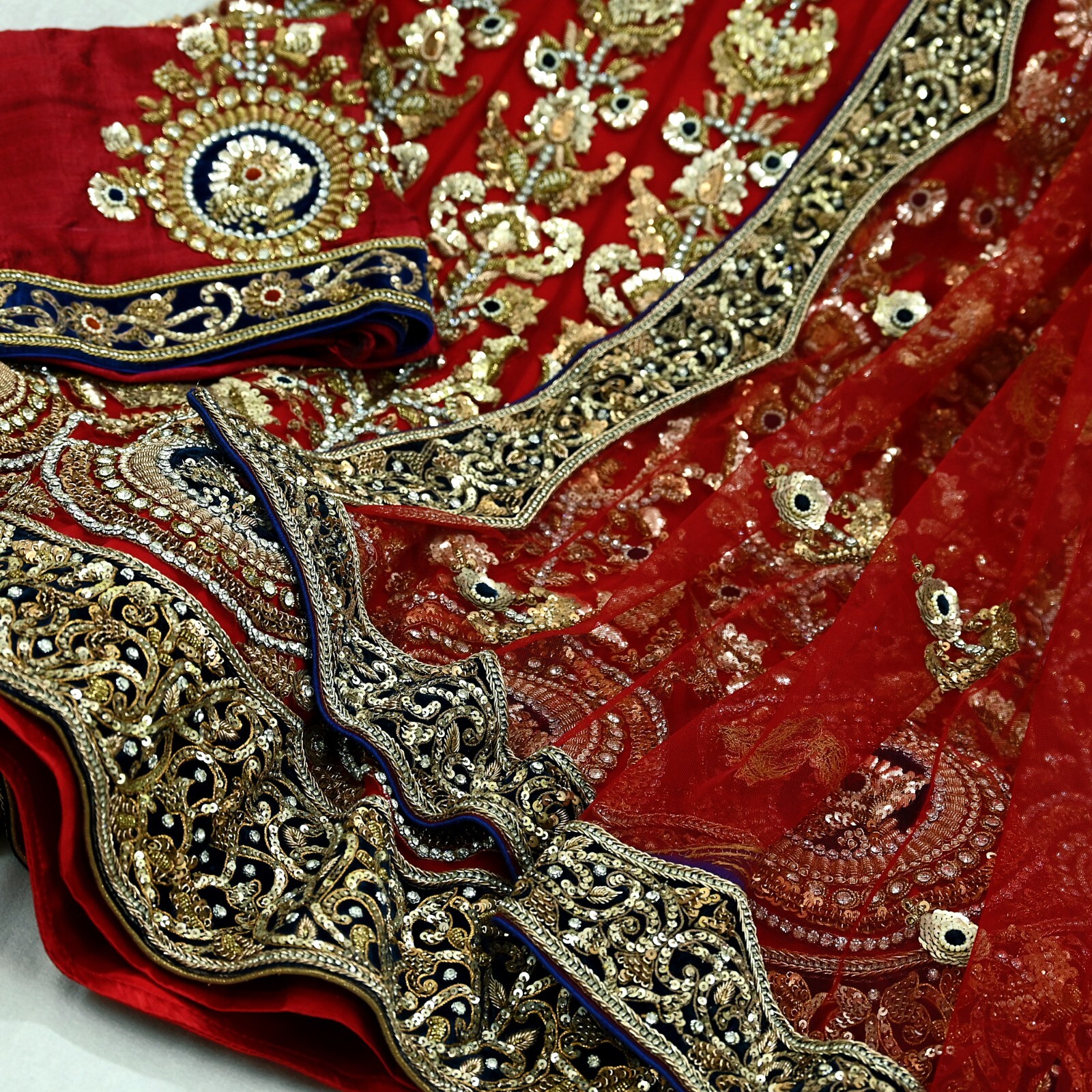 Indian Heavy Red Net Hand Embroidered Designer Anamika Khanna Lehenga 3pcs Set